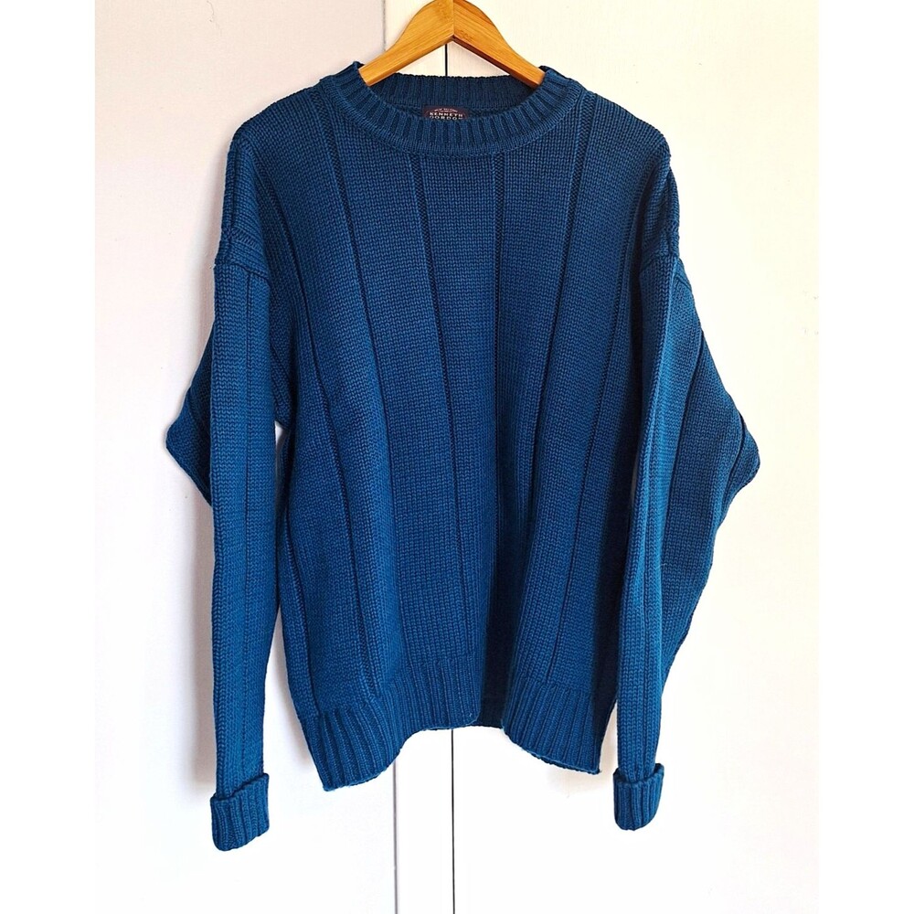 Vintage Kenneth Gordon Men's Blue Crew Neck Knit 100% Wool Pullover Sweater XL